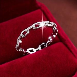 Chic Silver Band Ring Trendy Chain Design Paved Size 7